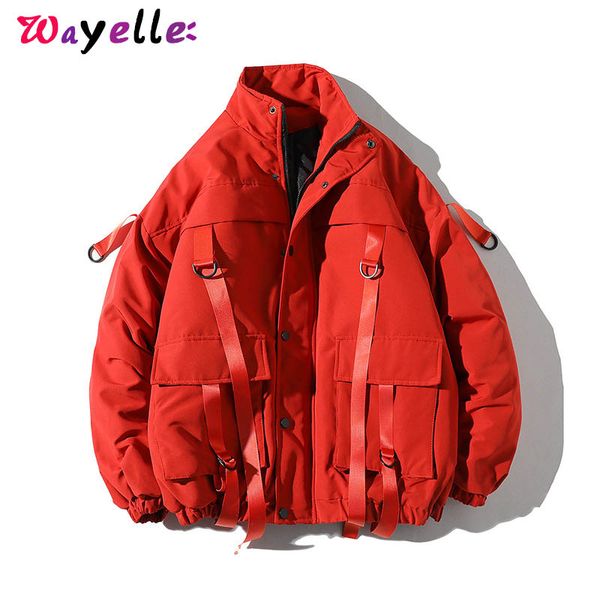 

2019 men new winter fashion casual windbreaker warm jackets men's parka plus size hip hop bandage design coats outwears, Black;brown