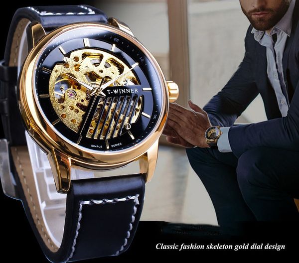 

new winner men's fashion wristwatch leisure hollow leather gold silver mirror automatic mechanical alloy watch fast shiping, Slivery;brown