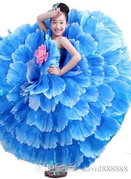 

2018 new style children cosplay blue peony petals perform clothing girls dance conjoined clothes long style, Black