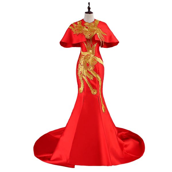 

luxury red tailing evening dress elegant gold phoenix embroidery vintage cheongsam dresses traditional chinese wedding gown
