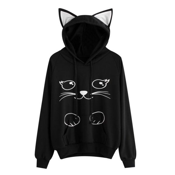 

women designer clothes woman sweatshirt harajuku cat print hoodies women cat cartoon sweatshirt ladies pullover sudadera mujer, Black