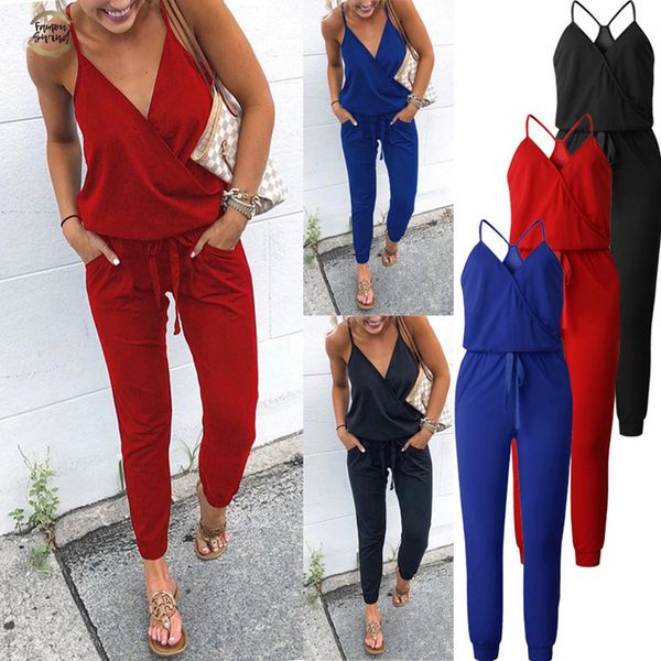 

arrival new spaghetti cross strap lace up jumpsuits summer women v neck solid casual sleeveless pockets long romper female, Black;white