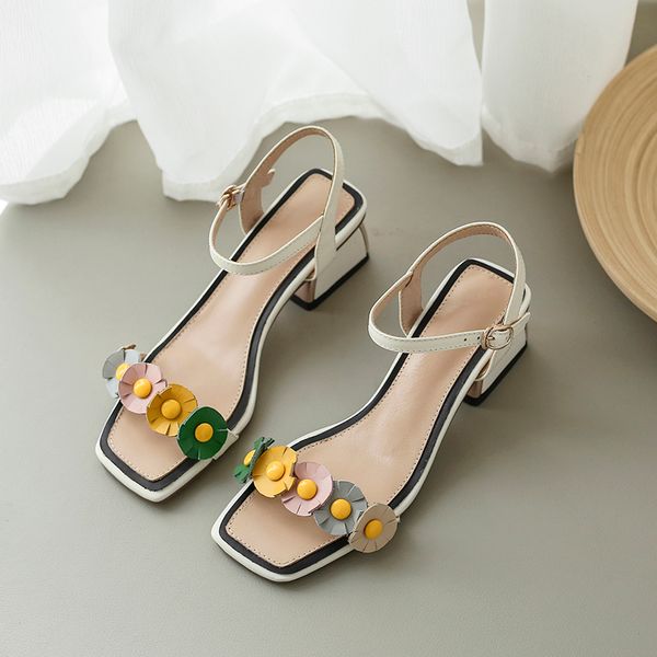 

genuine leather women sandals with flower fashion 4.5cm high heels pumps summer party dancing shoes woman, Black