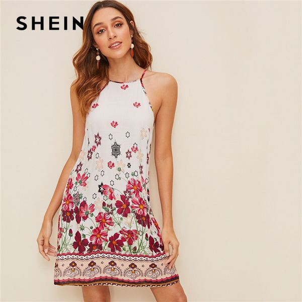 

шеин цветочным принтом спагетти ремень boho пляж прямые платья женщины 2019 летние каникулы рукавов кнопка назад короткие платья cami, Black;pink