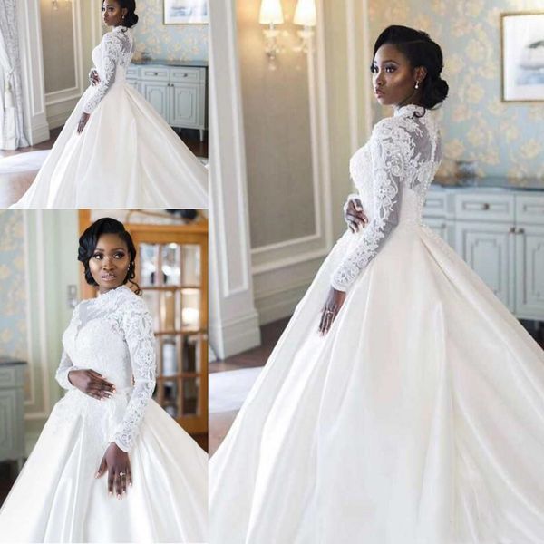 

muslim plus size wedding dresses african appliques lace long sleeves wedding dress satin back high neck bridal gowns robes de mariÃ©e, White