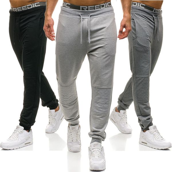 

men full sportswear pants casual elastic cotton mens fitness workout pants skinny sweatpants trousers jogger, Black