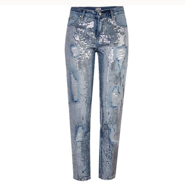 

bling sequined low waist jeans woman holes jeans ankle-length blue pants fashion boyfriend trousers plus size