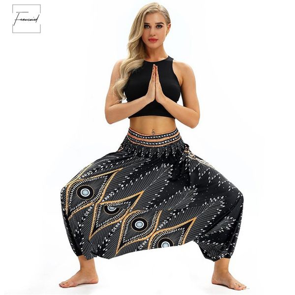 

ladies women beach pants trousers peacock gypsy women wide leg harem boho feather print elastic pants trousers, Black;white