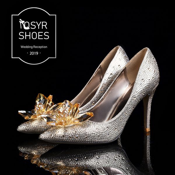 

2020 grade cinderella crystal shoes bridal rhinestone wedding shoes with flower genuine leather big small size size 34-41, Black