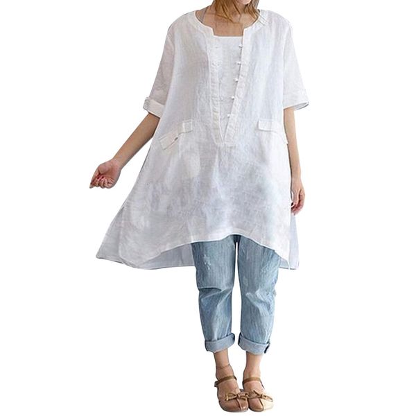 

plus size summer for womens and blouses 2018 elegant linen pockets short sleeve long shirts ladies womens clothing, White