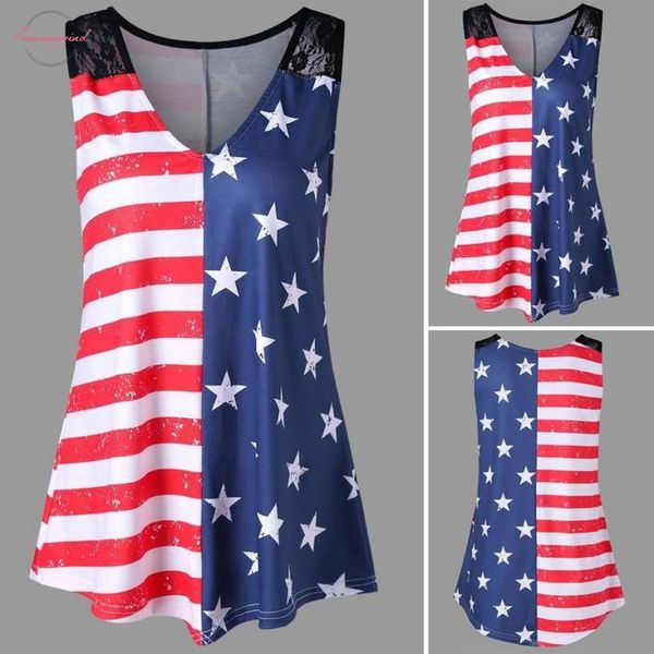 

t shirt fashion american flag print lace insert v neck tank t shirt summer for women 2020ma7, White