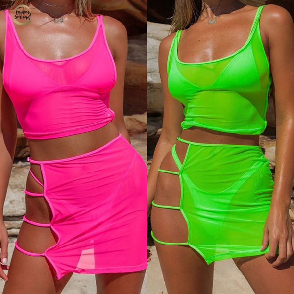 

green neon pink transparent mesh two piece sets casual beach outfits women hollow out bodycon mini skirt+crop, White
