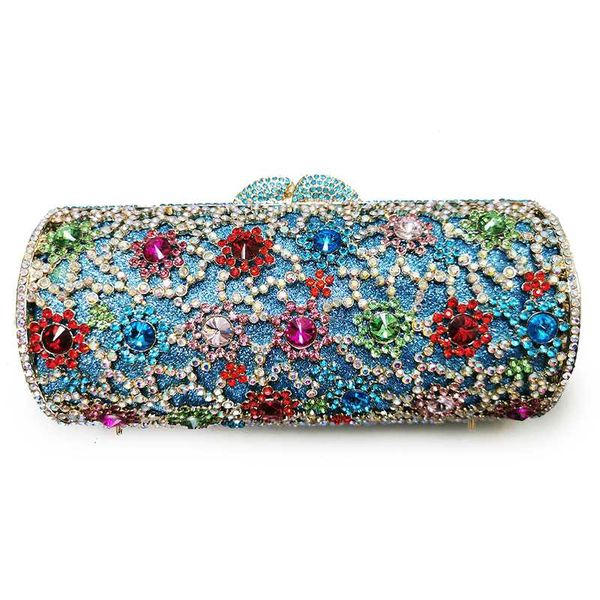 

evening bags high-end multicolored gemstone rhinestone purse fashion crystal blue clutches women metal long small clutche