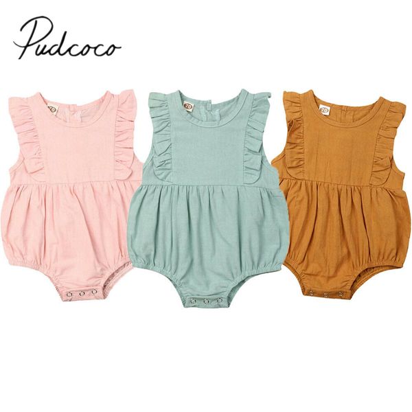 

2019 baby summer clothing infant baby girl boys solid romper clothes ruffled sleeveless romper cotton linen outfit playsuits, Blue
