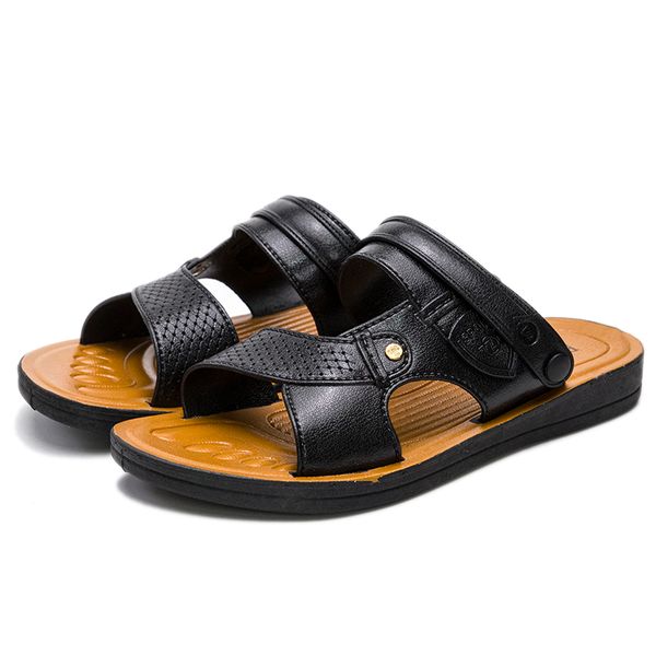 

new men sandals 2020 man summer slip-on genuine leather sandals beach slide fashion casual breathable male flat shoes, Black