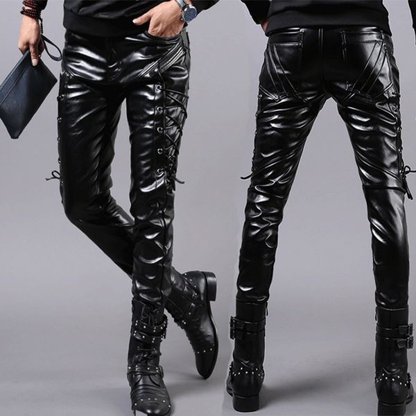 

men's leather pants black side laces up jean for men locomotive fashion long pant motorcycle leather trousers male faux