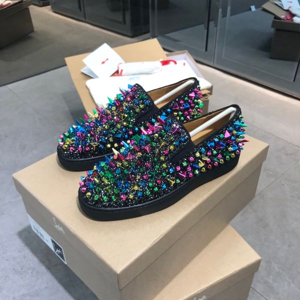 

highest version acl trendy men's shoes black silver glitter rivet couple red bottom shoes casual women's shoes size 34-47 07