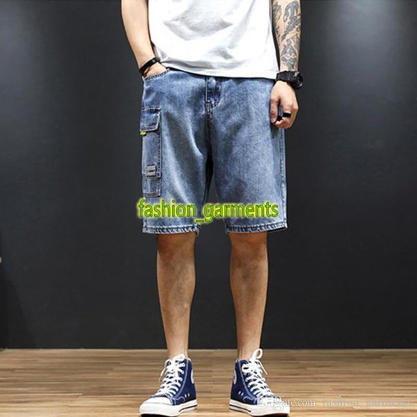 

2019 лето новые джинсовые шорты мужские брюки мода брюки европейский и американский стиль mens сыпучие multi-карманные джинсы, Blue