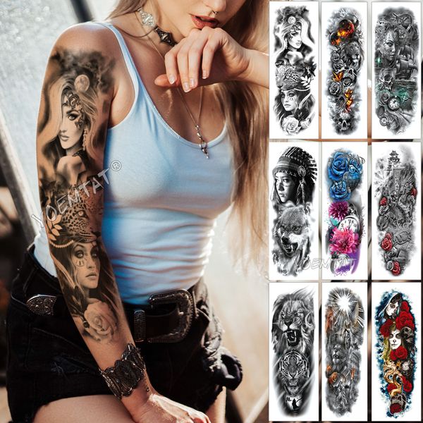 

large arm sleeve tattoo midnight leopard beauty girl waterproof temporary tattoo sticker moonlight rose full skull tatoo women