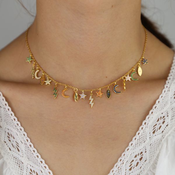 

gold filled fashion statement female choker chain colorful multi charm charming luxury women necklace, Silver
