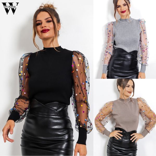 

womail shirt women 2019 fashion long puff sleeve shirt hollow out blouses office mesh solid clubwear party autumn elegant blouse, White