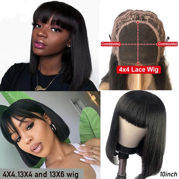 

150% short bob wig with bangs brazilian remy bang wig human hair 13x6 lace front human hair wigs for women 4x4 closure, Black;brown