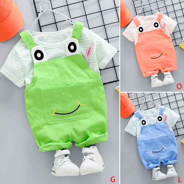 

new 2pcs children's clothes striped short-sleeved t-shirt + overalls suit baby clothes, White