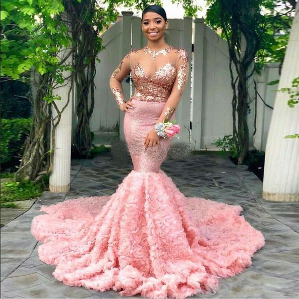 

pink mermaid prom dresses jewel neck illusion long sleeves 3d floral appliques evening gowns with sequins south africa party dresses, Black