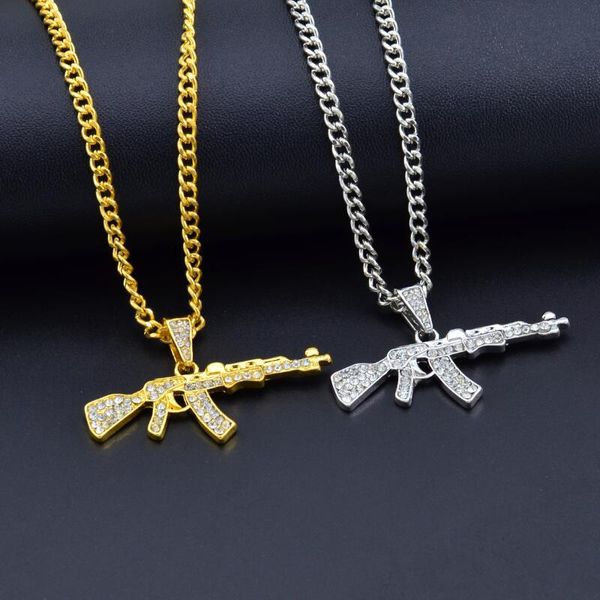 

bling bling revolving pistol submachine gun hip hop gold silver crystal pendant necklace iced out chain jewelry