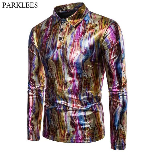 

красочная полосатая футболка мужчины блестящая глянцевая мужская рубашка мода рубашка с длинным рукавом ночной клуб вечеринка танцы футболки, White;black