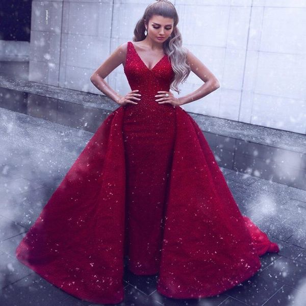

red lace prom dresses deep v neck beads sequins shinning overskirts evening dress low back celebrity formal dress party wear, Black