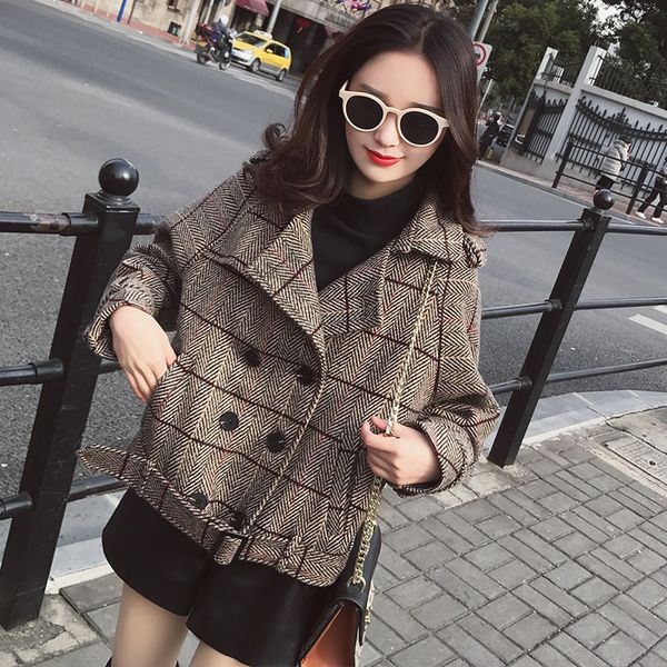 

autumn spring women chalaza v-neck double breasted drop shoulder plaid wool coat female fashion comfortable tweed coat zx1078, Black