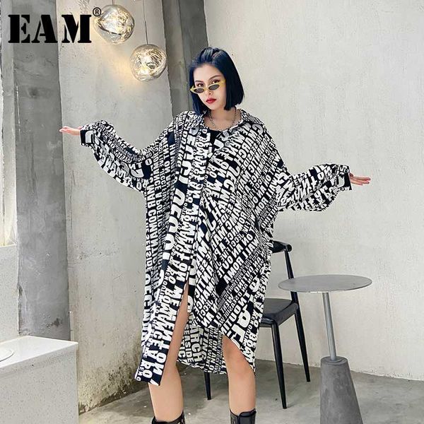 

women's blouses & shirts [eam] women letter printed big size long blouse lapel sleeve loose fit shirt fashion tide spring autumn 2021 1, White
