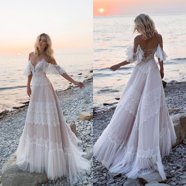 

2020 elegant bohemian wedding dresses off shoulder lace appliques bridal gowns backless beach a line wedding dress robe de mariee