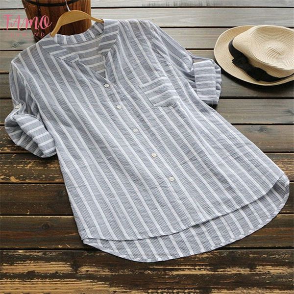 

new womens summer striped v neck blouses loose baggy cotton and linen button down tunic shirts plus size, White
