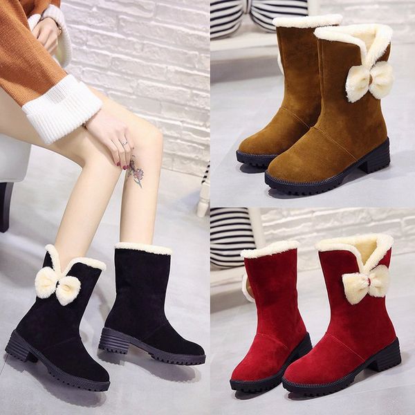 

women's boots autumn shoes round toe plush flat heel winter footwear booties ladies low heels booties lace up australia mid-calf, Black