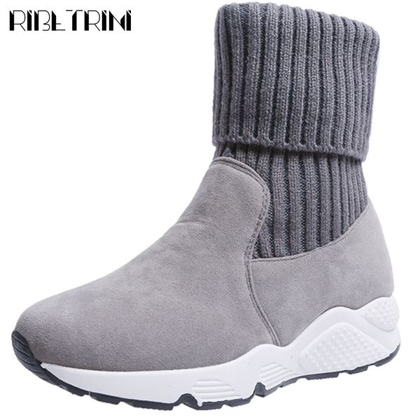 

ribetrini new ladies black platform shoes woman elegant mid-claf sock sneakers boots casual wedges boots women
