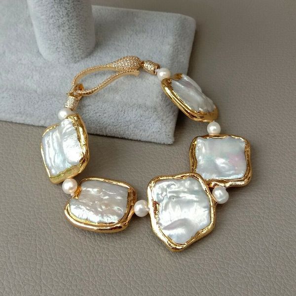 

8" white square keshi pearl golden plated bracelet, Golden;silver
