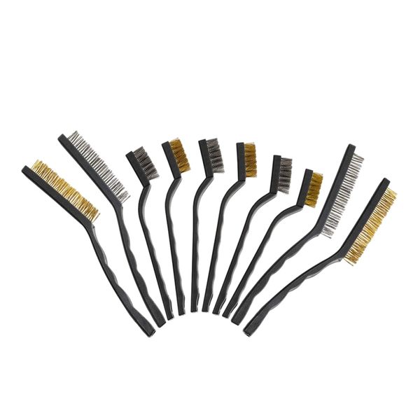 

wire brush set scratch brush set for cleaning welding slag rust and dust curved handle stainless steel and brass 10-pack