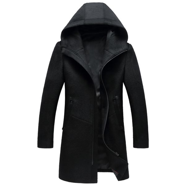 

winter long hooded trench coat men 2017 winter casual men's wool hoodie trench coats zipper slim fit mens windbreaker pea coat, Tan;black