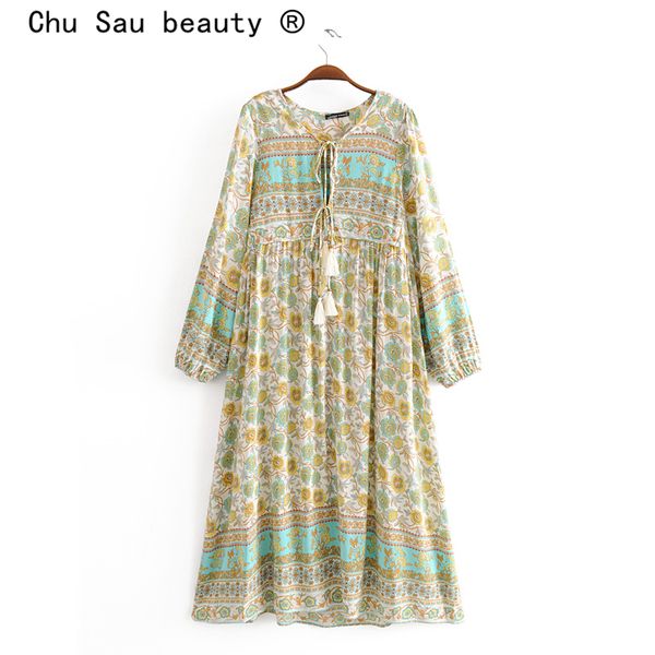 

chu sau beauty new boho chic floral print loose long dress holiday vintage v-neck tassel long sleeve dresses female beachwear, Black;gray