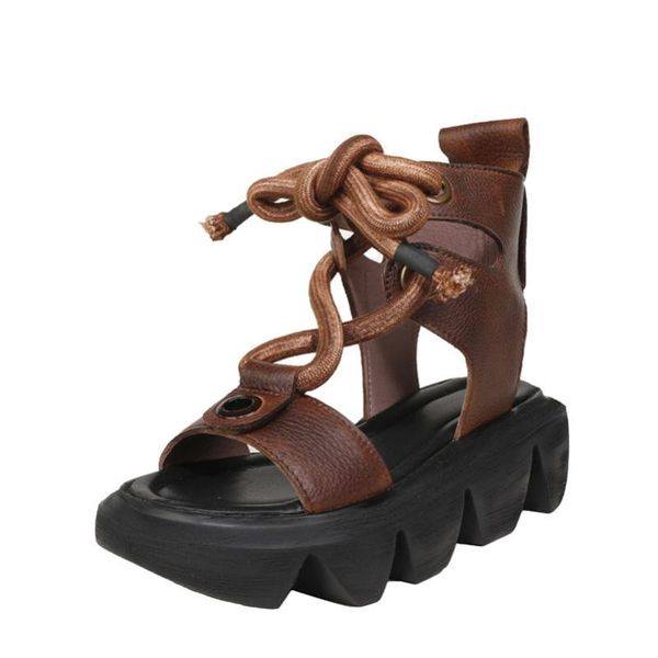 

yourseason women platform summer beach shoes genuine leather 2020 new casual flat with female ankle strap retro sandals lace up, Black