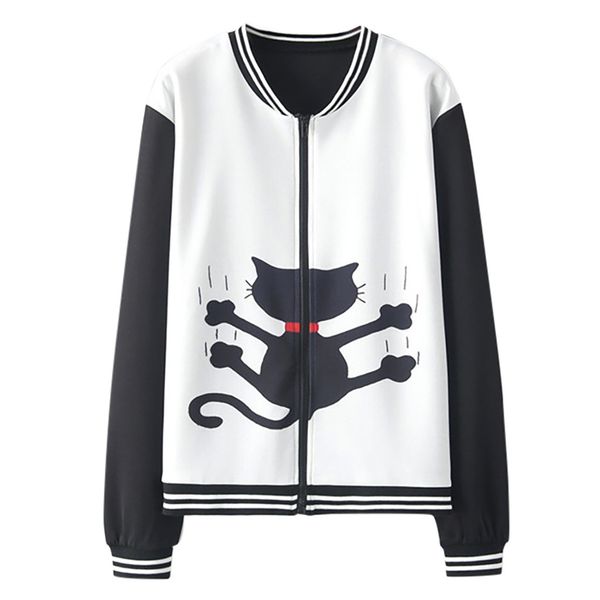 

chaquetas mujer 2019 woman casual loose o-neck cat print short pullover jacket chaqueta mujer veste femme casaco feminino, Black;brown