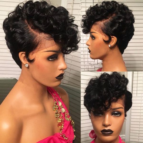 Short Human Hair Wigs For Black Women Pixie Curt Wavy Short Lace