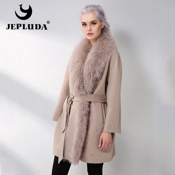 

jeluda cashmere coat women scarf collar with natural real fur real fur coat genuine leather jacket women overcoat, Black