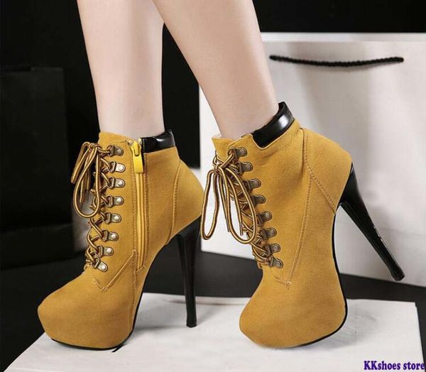 

european and american models of high-heeled boots ladies cross straps with worker boots women's booties, Black