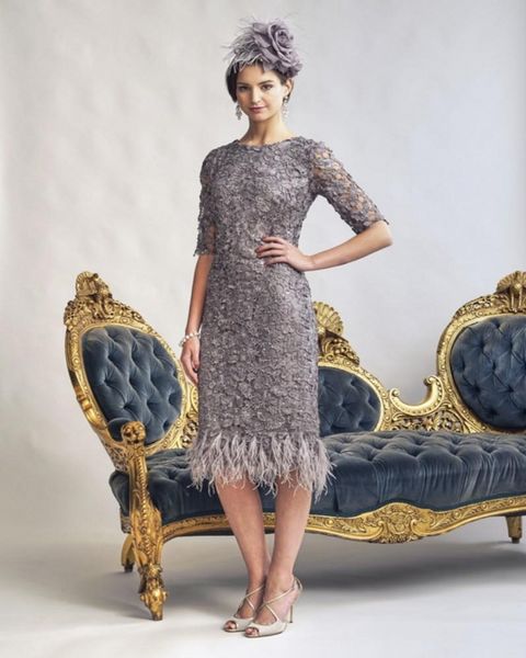 

dark grey modest mother of the bridal dresses scoop 1/2 sleeve appliques beads feathers lace sheath prom dress knee length mothers dresses, Black;red