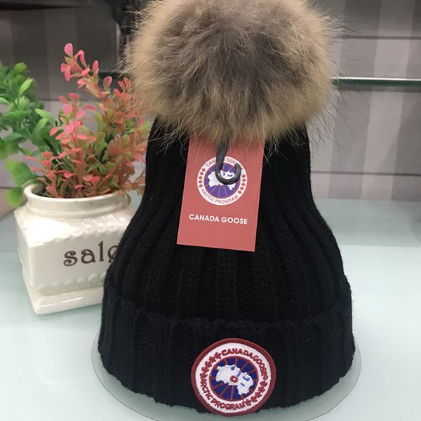 

canada brand winter knitted real fur hat thicken goose beanies with real raccoon fur pompoms warm caps snapback pompon beanie hats