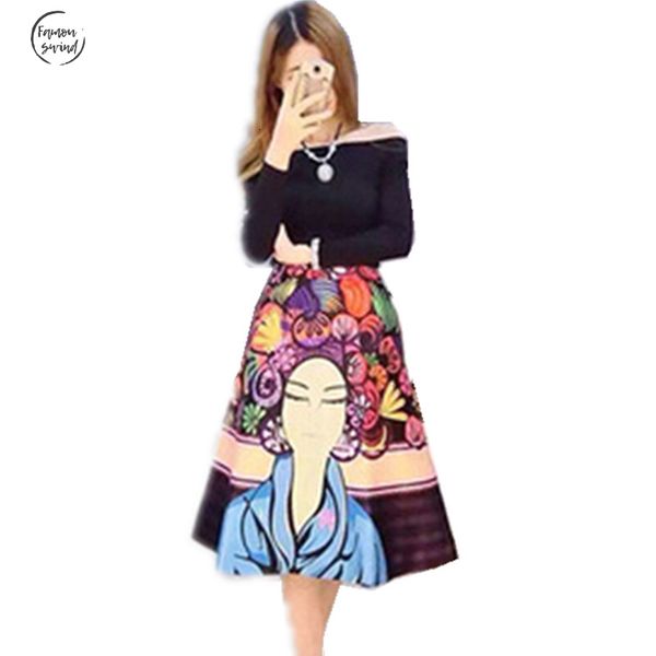 

slash street designer clothing set womens black high collar blouse 2 piece colorful cartoon printed skirt, White