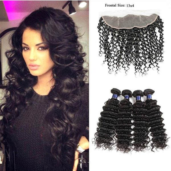 

9а бразильский девственные человеческие волосы глубокая волна 4 связки с 13 * 4 фронтальный от уха до уха волна волны плетение волос с круже, Black